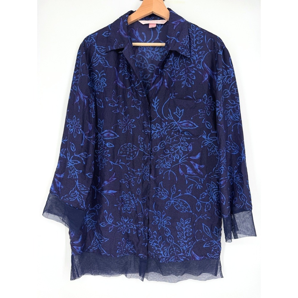 Victoria's Secret Vintage Y2K Blue Silk Floral Mesh Trim Pajama Sleep Shirt